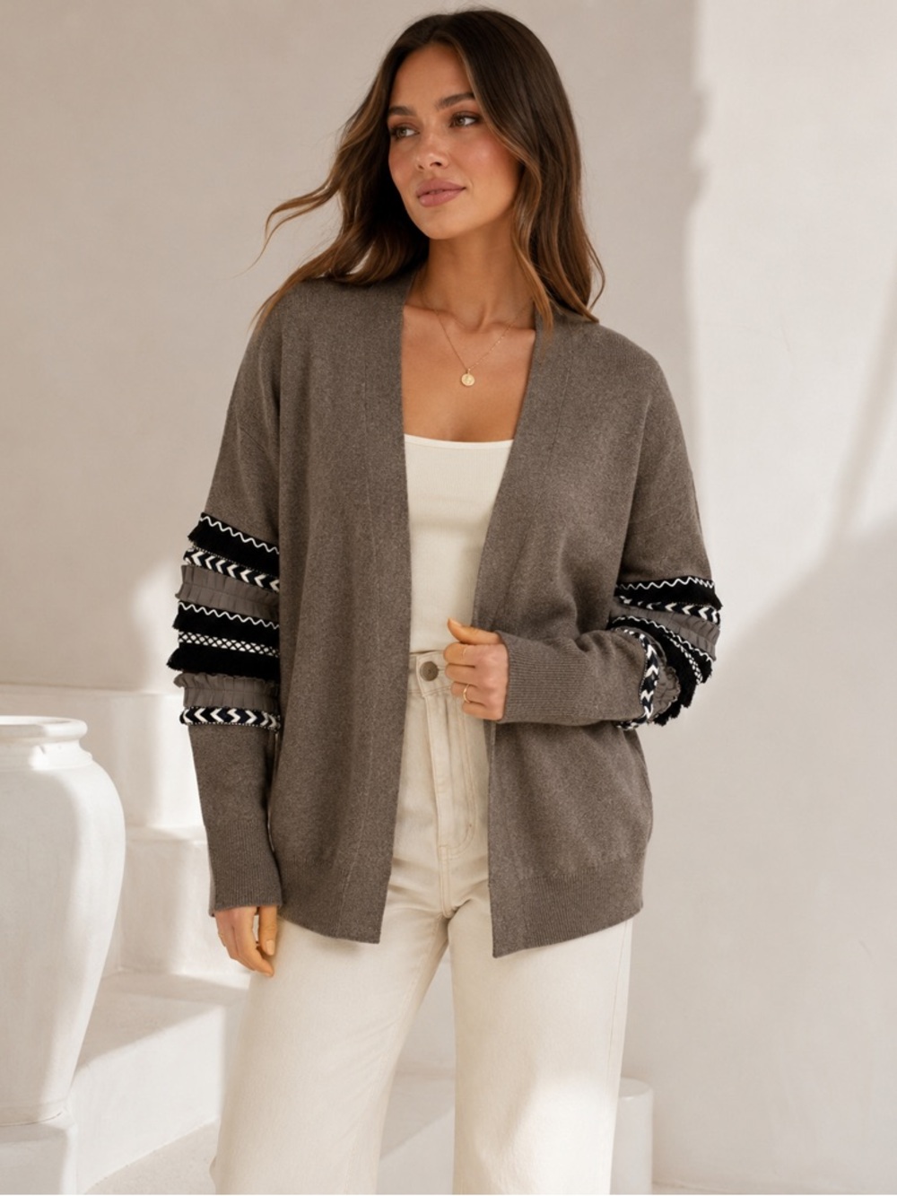 THML Boho Sleeve Open Front Cardigan Sweater Taupe Gray S